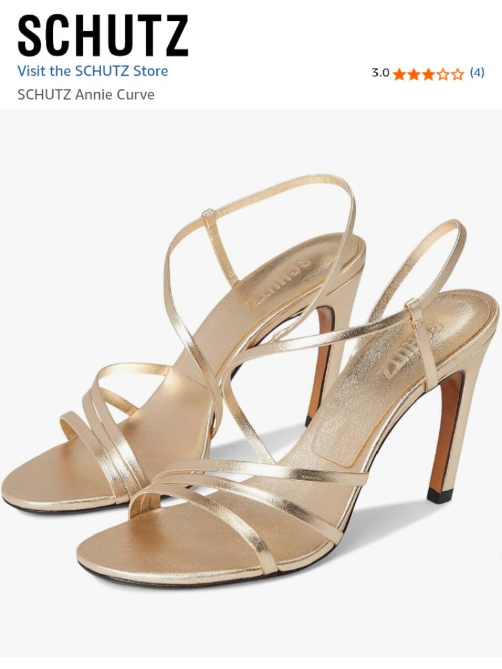 SCHUTZ Annie PLATINA Gold Metallic Strappy Square-Toe Stiletto Heels Size 8